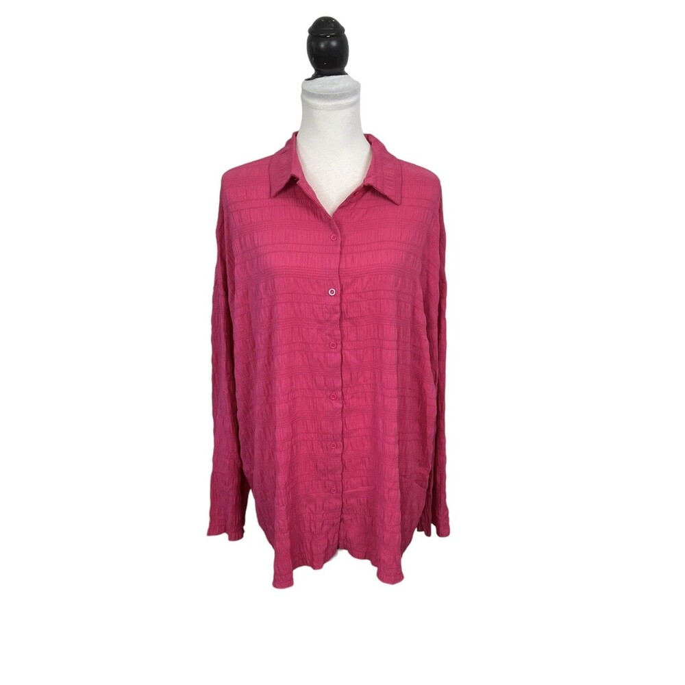 New Merokeety Blouse Size XL Bright Hot Pink Button Down 3/4 Sleeves Pleat NWT